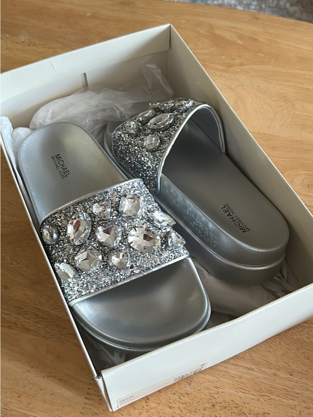 Michael Kors Silver Crystal Embellished Slide Sandals